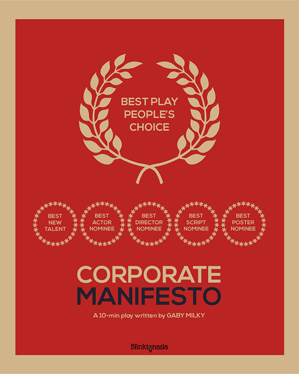 A red poster for corporate manifesto which includes the writing 'Corporate Manifesto' alongside its willing accolades. 